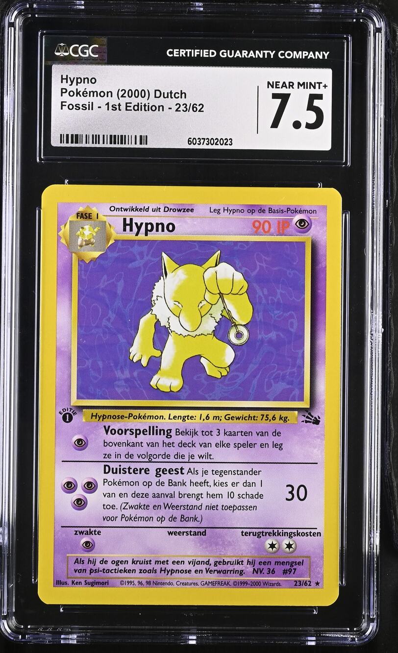 CGC 7.5 NEAR MINT+ Hypno 1st Edition 23/62 Pokémon 2000 Dutch Fossil (PSA/BGS)